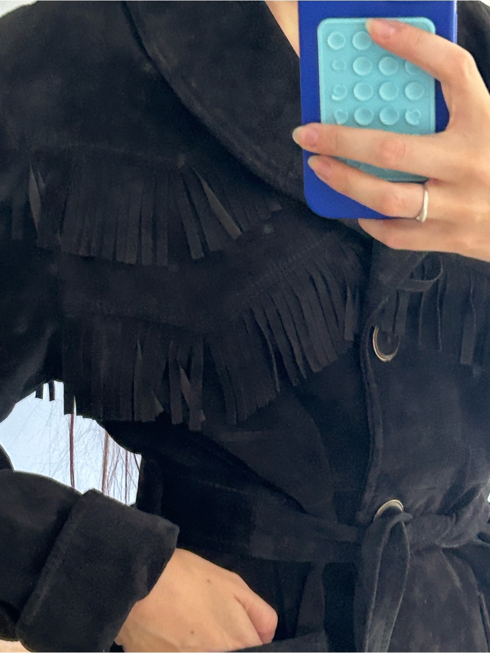VINTAGE Danier Black Suede Fringe Belted Trench Coat - Picture 2 of 7